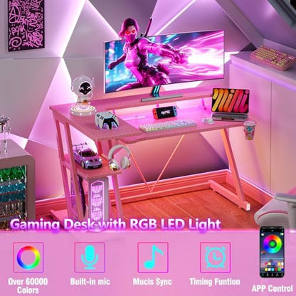 Korfile 47 Inch Gaming Desk with Power Outlet, LED, Carbon Fiber Pink