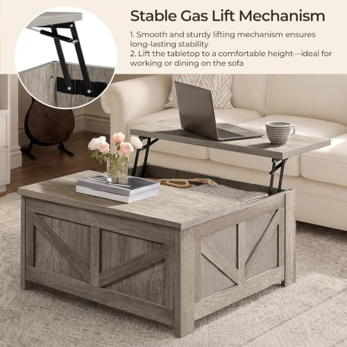 Yaheetech 31.5" Farmhouse Lift Top Coffee Table with Hidden Storage, Gray