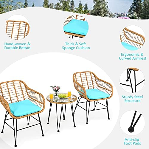 Tangkula 3 Pieces Patio Bistro Set, Rattan Conversation Set with 2 Cushioned Armchairs & Round Glass Coffee Table, Indoor Outdoor Wicker Furniture Set for Balcony, Backyard, Garden, Poolside