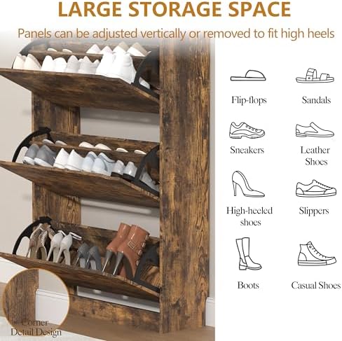Wodeer Narrow Shoe Cabinet for Entryway, Slim Shoe Storage Cabinet with 3 Flip Drawers, Hidden Wood Shoe Cabinet Storage, Freestanding Shoe Rack Organizer Foyer, Hallway, Grey