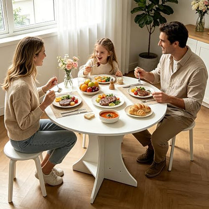 32" Modern Round Dining Table for 2-4 People Circle Farmhouse Kitchen Table Small Space Dining Room Table with White Top & Pedestal Base for Dining Room/Kitchen/Living Room