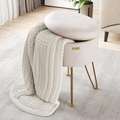 Round Ottoman with Storage, Textured Velvet Storage Ottoman, Foot Stool Ottomans, Makeup Vanity Stool, Small Ottomans Foot Rest, Modern Vanity Stools for Living Room and Bedroom, Cream