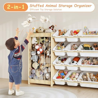 Kids Toy Storage Organizer, 2-in-1 Stuffed Animal Storage & Toy Organizer w/12 Bins, Solid Wood Toy Rack Featuring Thicker Elastic Ropes to Hold Toys, Playroom Nursery Bedroom Storage, White