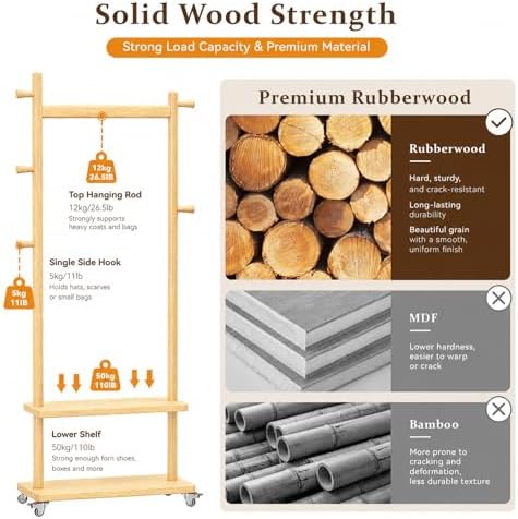Coat Rack Freestanding Solid Wood Clothes Rack with Wheels