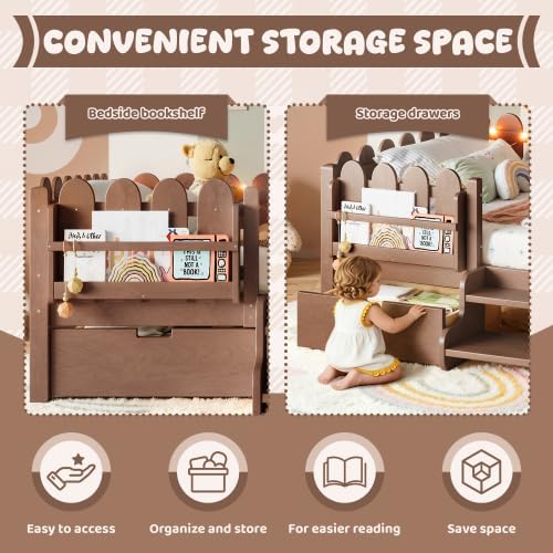 Bellemave Full Size Platform Bed with Storage Drawers & Bookshelf for Boys Girls, Kids Full Bed Frame with LED Lights & Stairs for Children's Room, Deep Natural