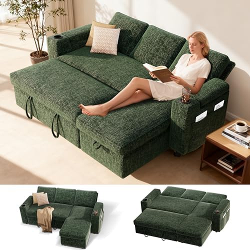 Sunny Heart 82" L-Shaped Sleeper Sofa with Pull Out Bed, Sectional Couch with Reclining Backrest, Reversible Storage Chaise, Armrest Storage, Cup Holders, and Side Pockets, Tool-Free Assembly, Green