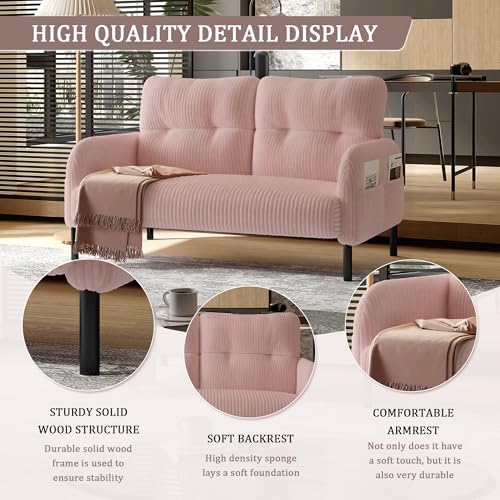 47" Corduroy Loveseat Sofa, 2 Seater Couch with Side Pockets, Pink