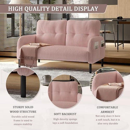 47" Corduroy Loveseat Sofa, 2 Seater Couch with Side Pockets, Pink