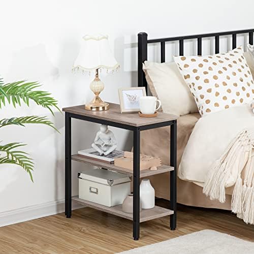HOOBRO End Table, Simple Rustic Side Table with 3-Tier Storage Shelf, Narrow Nightstand for Small Spaces, Easy Assembly, for Living Room, Bedroom, Metal, Industrial Design, Greige and Black BG14BZ01