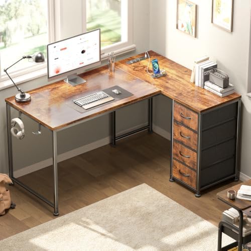 Korfile 43 Inch L Shaped Computer Desk with Power Outlets, Rustic Brown
