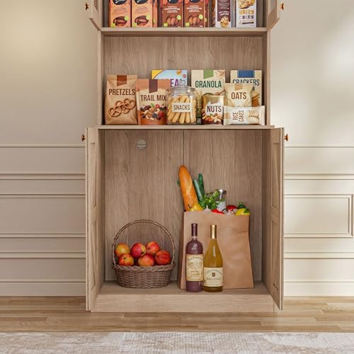 71" Farmhouse Kitchen Pantry Cabinet Set of 2, Brown Freestanding Coffee Bar Hutch with Glass Doors, Drawers & Adjustable Shelves, Large Storage Cabinet with Microwave Stand for Living Room & Kitchen