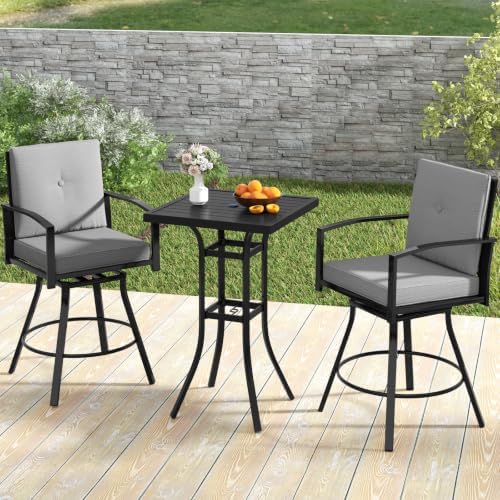 Tangkula 3 Pieces Patio Swivel Bar Set, Outdoor Metal Bar Table and Chairs Set with Soft Cushions and 1.57” Umbrella Hole, Counter Height Patio Bistro Set with Armrests for Lawn, Garden (Gray)