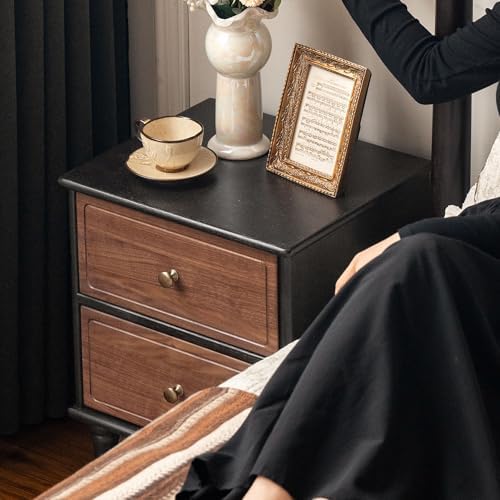 100% Solid Wood Nightstand Set of 2, Mid Century Modern Night Stand with Drawers, Wooden Nightstands for Bedroom, Small Night Stands Bedside Tables (Black/Walnut, 19.69" H)