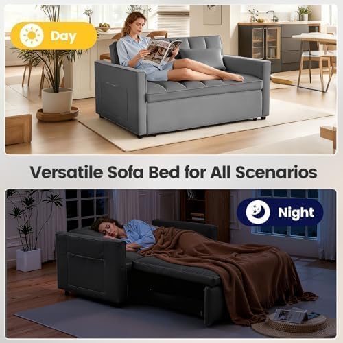54'' Sleeper Sofa Bed, Convertible Pull Out Couch Futon with Side Pockets, Velvet Loveseat Sofa Bed with Adjustable Backrest, Armrest Pillows for Living Room Dorm Apartment, Dark Gray