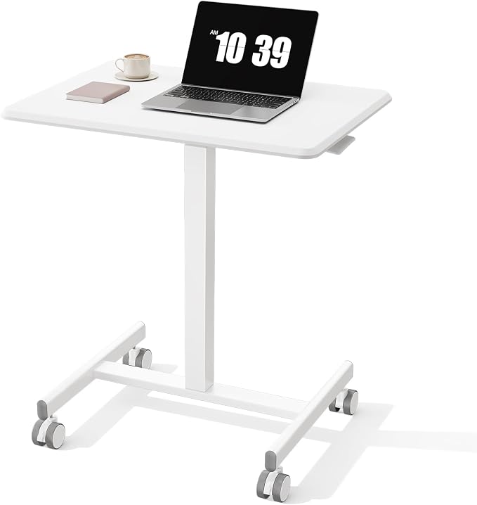 OLIXIS Mobile Rolling Desk with Wheels Small Standing Laptop Desks Portable Pneumatic Adjustable Height Sit Stand Table Computer Workstation for Home Office White