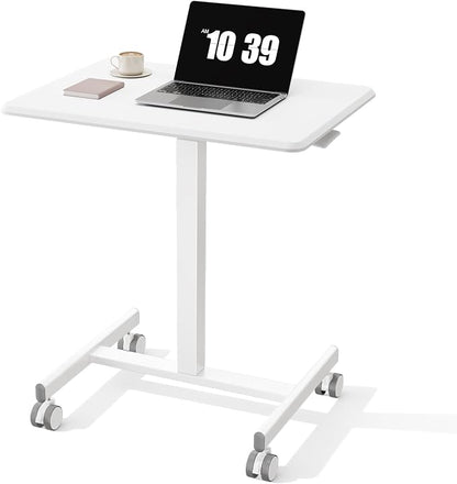 OLIXIS Mobile Rolling Desk with Wheels Small Standing Laptop Desks Portable Pneumatic Adjustable Height Sit Stand Table Computer Workstation for Home Office White