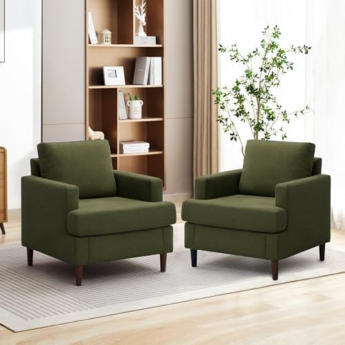 Weture Mid-Century Accent Chair,Modern Linen Fabric Armchair for Living Room,Comfy Upholstered Reading Accent Chairs for Bedroom,Single Sofa Chair with Wood Legs (Green, 2 Pack)