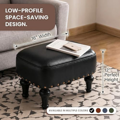 Cmishe Ottoman Leather Footrest,Vintage Footstool,Thickened Foam Upholstered Seat,Wooden Leg Foot Rest,Under Desk Shoe Bench Small Bench for Living Room Dining Room(Black)