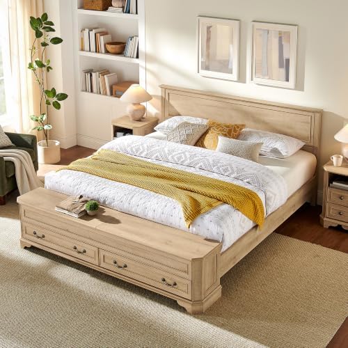 T4TREAM Farmhouse King Bed with Headboard and Storage Bench, Natural Oak