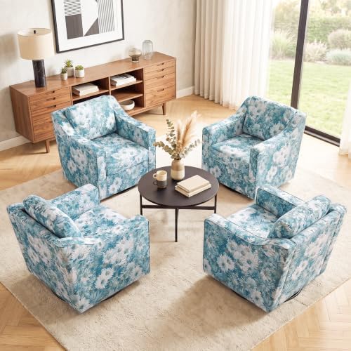 Swivel Accent Chairs Set of 4, Floral Upholstered Armchair, Cyan