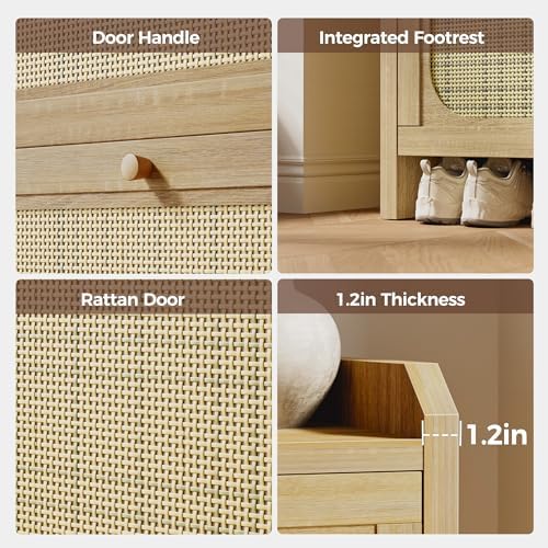 Rattan Shoe Cabinet w/ 2 Flip Drawers&Side Storage, Narrow Hidden Shoe Rack