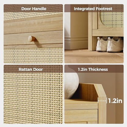 Rattan Shoe Cabinet w/ 2 Flip Drawers&Side Storage, Narrow Hidden Shoe Rack