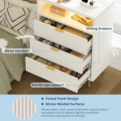 28"W 3 Drawers Dresser for Bedroom with LED and Charging Station, White