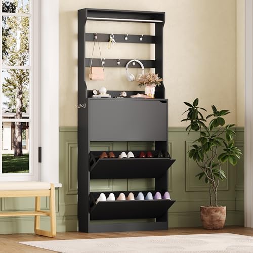 Tall Shoe Storage Cabinet with 3 Flip Drawer & Coat Rack, Black