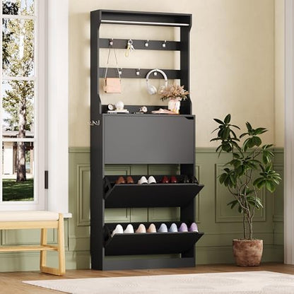 Tall Shoe Storage Cabinet with 3 Flip Drawer & Coat Rack, Black