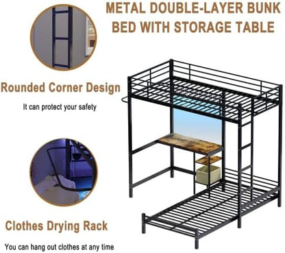 Bellemave Twin Over Twin bunk Bed with Desk and LED Charging Station, loft Bed with Desk and Shelves, Metal Bunk Beds with Storage, Black