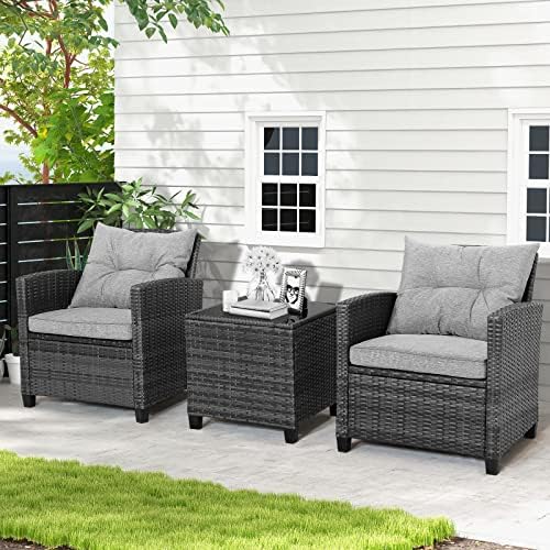 HAPPYGRILL 3 Pieces Patio Conversation Set, Outdoor Furniture Set PE Rattan Sofa Set with Removable Cushions, PE Wicker Chairs with Tempered Glass Side Table for Porch Lawn Garden Balcony Backyard