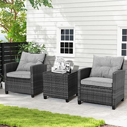 HAPPYGRILL 3 Pieces Patio Conversation Set, Outdoor Furniture Set PE Rattan Sofa Set with Removable Cushions, PE Wicker Chairs with Tempered Glass Side Table for Porch Lawn Garden Balcony Backyard