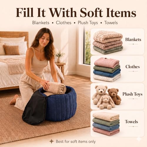 Round Pouf Ottoman Cover Only, Navy Blue, 20"x13", Small Storage Cover