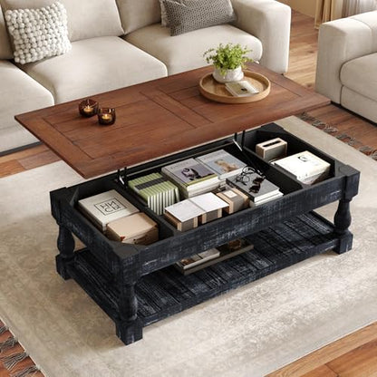 47" Farmhouse Lift Top Coffee Table with Storage, Solid Wood + MDF Center Table with Walnut Brown Top & Antique Black Base, Rustic Two-Tier Rectangular Coffee Table for Living Room