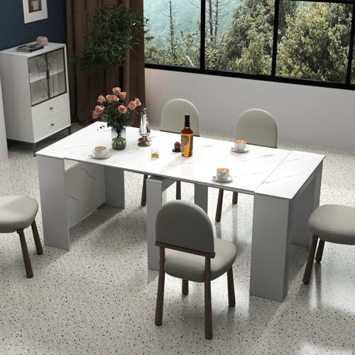 Extendable Dining Room Table for up to 12 People 20-119 inch White Marble