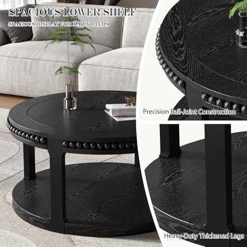 Round Wood Coffee Table, Farmhouse Rustic Circle Coffee Tables, 2-Tier Solid Wood Coffee Table for Living Room Apartment Office-31.5'' Black