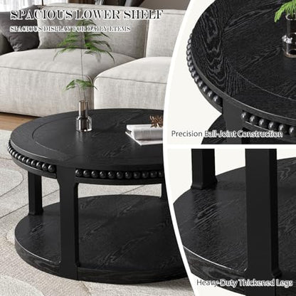 Round Wood Coffee Table, Farmhouse Rustic Circle Coffee Tables, 2-Tier Solid Wood Coffee Table for Living Room Apartment Office-31.5'' Black