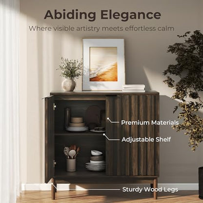Fluted Buffet Cabinet with Storage, Small Accent Cabinet, Brown