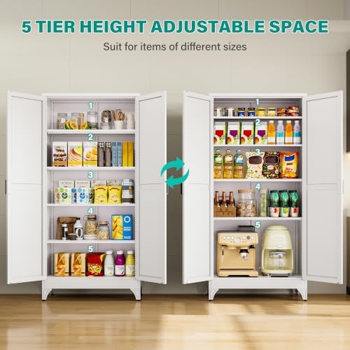 SISESOL 75" Tall Pantry Cabinet,Wide & Deep Farmhouse Kitchen Pantry Storage Cabinets with 2 Doors and 5 Shelves,White Metal Storage Cabinet,Large Cupboard for Home,Kitchen,Dining/Living Room