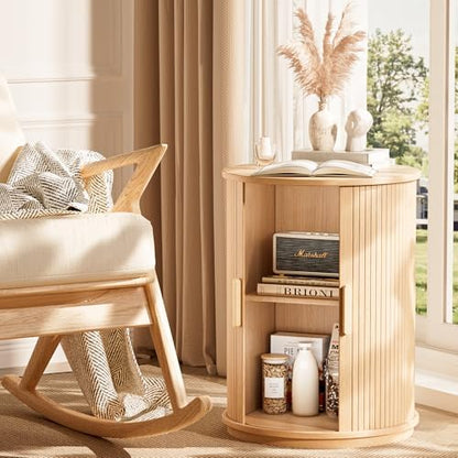Side Table with Storage for Living Room, Round End Table with Sliding Tambour Door, Wood Night Stand Nightstand Bedside Table for Bedroom, Small Round Side Table, Mid Century Modern, Light Oak