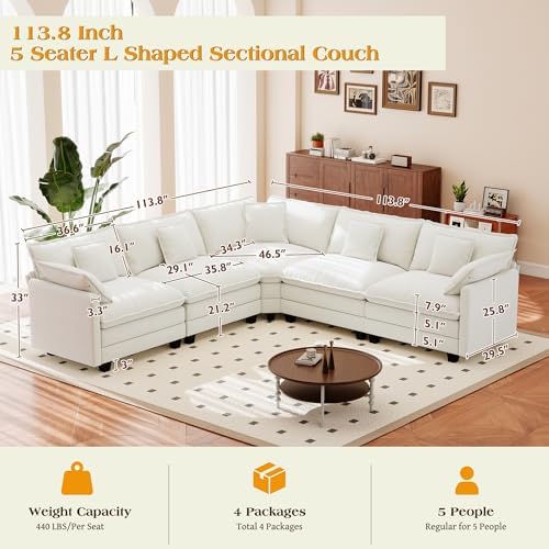Hanherry Modular Sectional Sofa,Cloud Couch for Living Room,Modern Deep Seat Sofa Chenille Fabric Comfy Couches with Throw Pillows & Movable Ottoman for Apartment