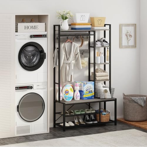 Hall Tree with Bench and Shoe Storage, Entryway Bench with Coat Rack, Wooden Metal Coat Tree with Hooks, 5 in 1 Multifunctional Shoe Benches and Wall Rack (Dark Gray Oak)