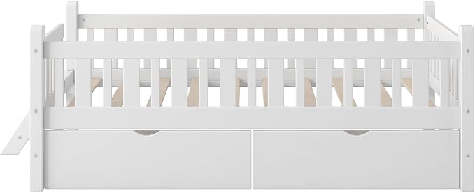 Merax Wood Twin Size Platform Bed with Guardrail and 2 Drawers, Kids Bed Frame with Stairs, White