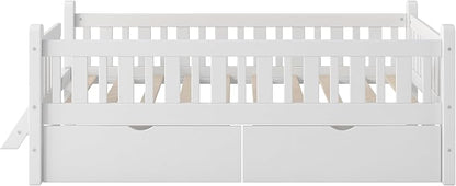 Merax Wood Twin Size Platform Bed with Guardrail and 2 Drawers, Kids Bed Frame with Stairs, White