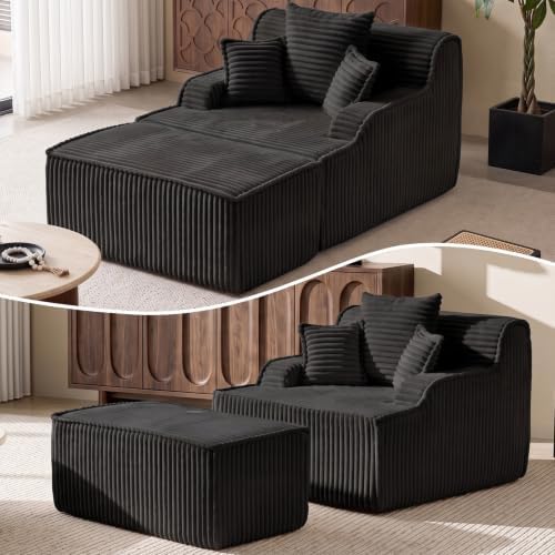 Oversized Chaise Lounge Chair Indoor, Corduroy Boneless Couch Sofa Bed, Cloud Lounge Chair Reading Chair With Pillow&Removed Ottoman, Deep Seat Sleeper Chair Bed For Living Room,Bedroom(Black)
