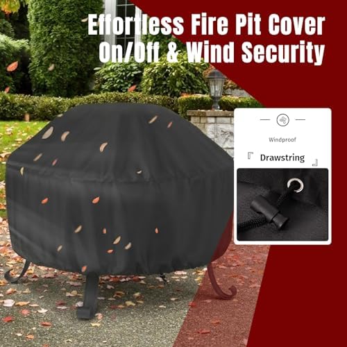 SHINESTAR Fire Pit Cover Round 36 In, Outdoor Fire Pit Cover for 30-36 Inches Fire Pits, Windproof Drawstring & Waterproof Layer, Black