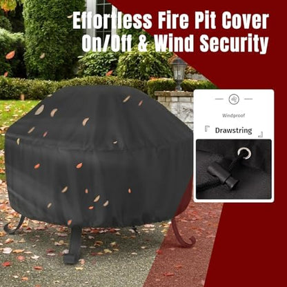 SHINESTAR Fire Pit Cover Round 36 In, Outdoor Fire Pit Cover for 30-36 Inches Fire Pits, Windproof Drawstring & Waterproof Layer, Black