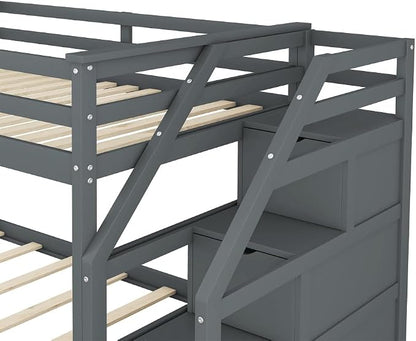 MERITLINE Twin Over Twin Bunk Beds with Trundle and Storage Box, Solid Wood Bunk Bed with Stairs and Storage Case for Teens Adults (Gray + Solid Wood)