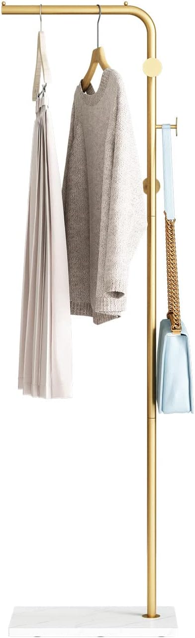 DOORXIFO Gold Coat Rack with White Base, Freestanding Entryway Rack with 3 Hooks, L Shape Home Coat Hanger for Jackets, Hats, Clothes