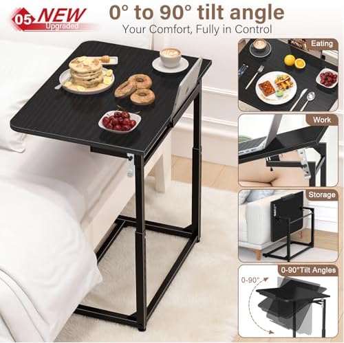 Extra Large Heavy Duty TV Tray Table, 23.6" Folding C-Shaped Laptop Desk for Couch & Bed, Height & Tilt Adjustable Overbed End Table with Phone/Tablet Slot, Easy Clean Black Finish for Small Spaces